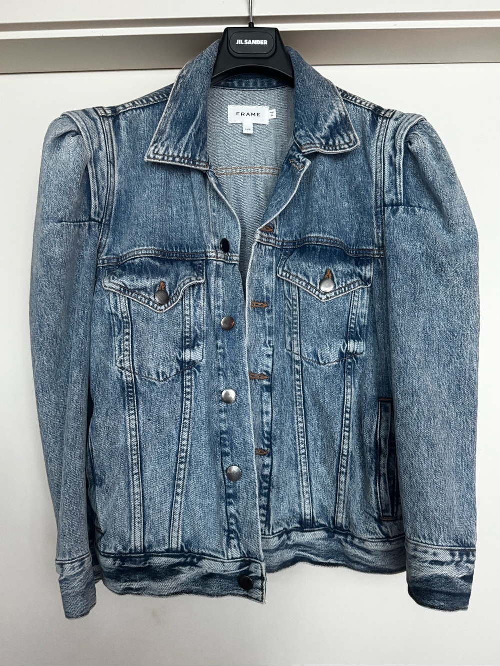 Frame Denim Light Blue Washed Puff Shoulder Jean Jacket